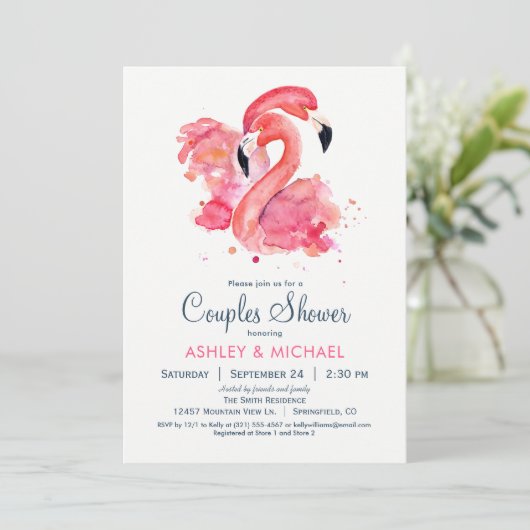 Flamant rose rose Chic Couples Douche Invitation (Debout devant)