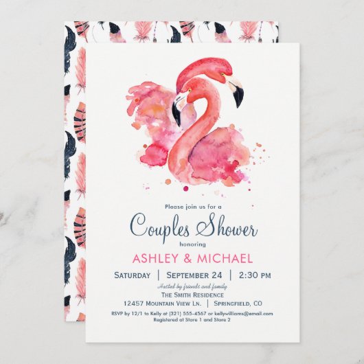 Flamant rose rose Chic Couples Douche Invitation (Devant / Derrière)