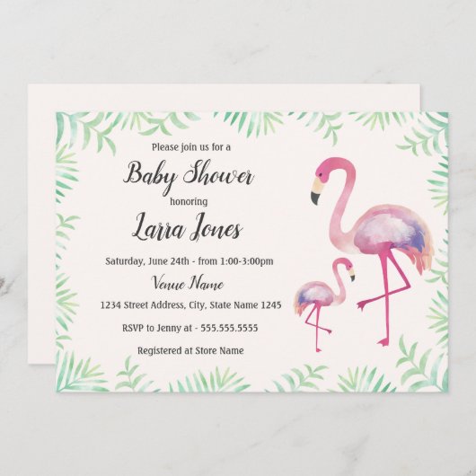 Flamant rose rose doux Invitation Baby shower fill (Devant / Derrière)