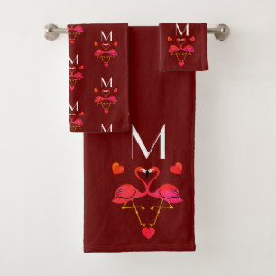 Flamant rose rose et Coeurs Ensemble de serviettes