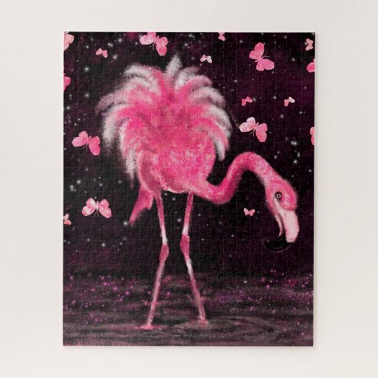 Flamant rose rose et papillons Puzzle (Vertical)