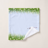 Flamant rose rose et prairie avec fleurs sur bleu  (Gant de toilette)