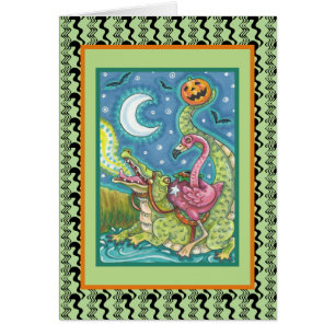 Flamant rose ROSE ET VERSE CARTE CROCODILE EN COUR