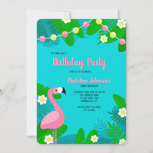 Flamant rose rose Invitation d'anniversaire (Devant)