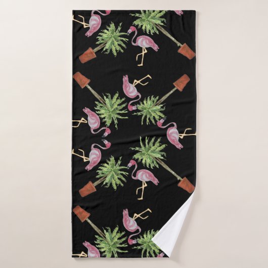 Flamant rose rose Noir Flamants roses Palm Tree Ba (Serviette de bain)