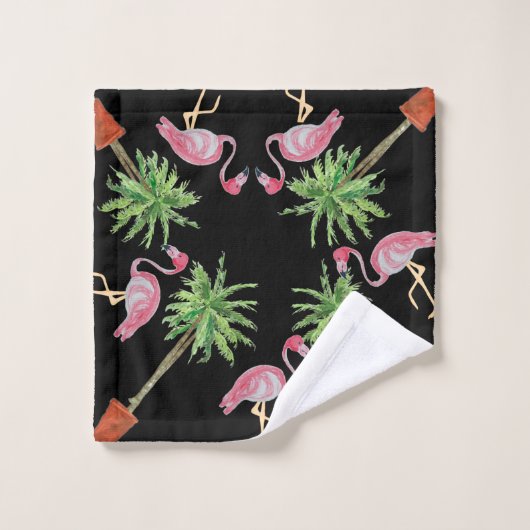 Flamant rose rose Noir Flamants roses Palm Tree Ba (Gant de toilette)