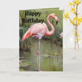 Flamant rose Rose Peint À L'Huile En Étang, Carte (Fleur jaune)