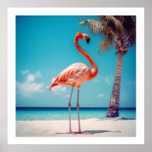 Flamant rose rose réaliste sur la plage Poster