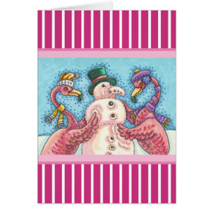 Flamant rose ROSE SNOWMAN, NOËL CARTE DE RECONNAIS