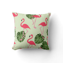 Flamant rose rose Tropical Vert Coussin feuille