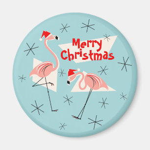 Flamant rose Santas Bleu Joyeux aimant Noël rond