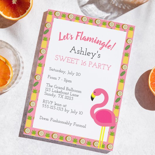Flamant rose tropical doux 16 Invitation d'anniver