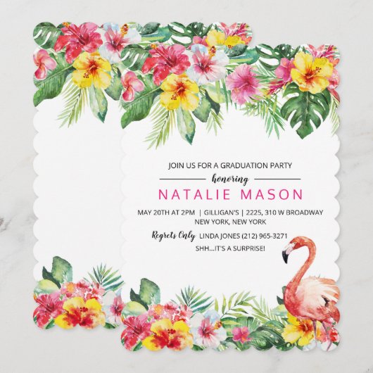 Flamant rose tropical Graduation Party Invitation (Devant / Derrière)