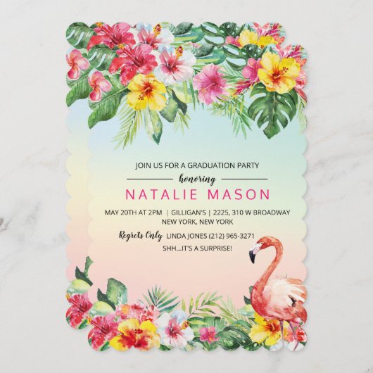 Flamant rose tropical Graduation Party Invitation (Devant / Derrière)