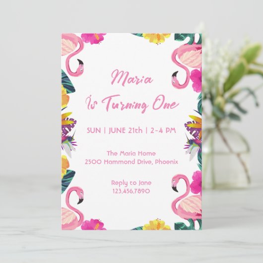 Flamant rose tropical Invitation d'anniversaire (Debout devant)