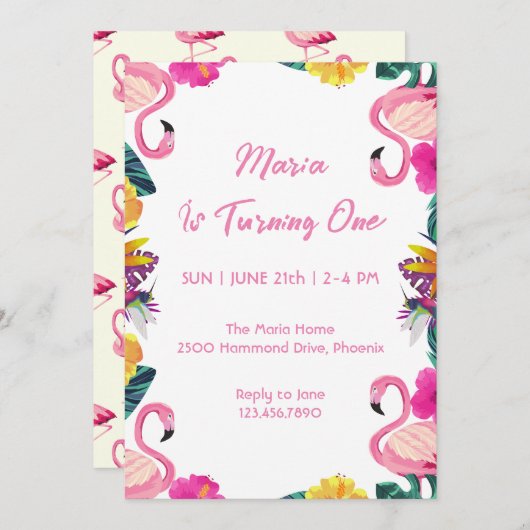 Flamant rose tropical Invitation d'anniversaire (Devant / Derrière)