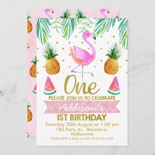 Flamant rose tropical Invitation d'anniversaire (Devant / Derrière)