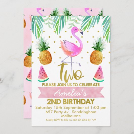 Flamant rose tropical Invitation de 2e anniversair (Devant / Derrière)