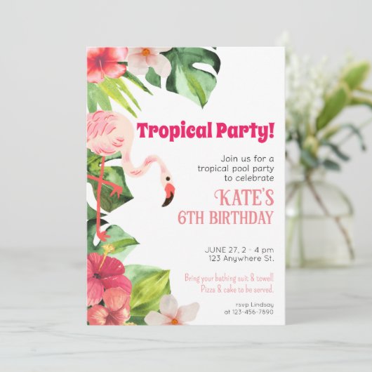 Flamant rose tropical Invitation / Pool Party Invi (Debout devant)