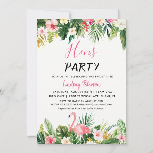 Flamant rose tropical Luau Hens Party Carte d'invi (Devant)