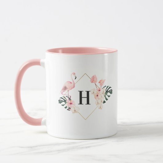 Flamant rose tropical Monogramme floral Mug de caf (Gauche)
