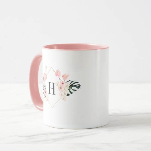 Flamant rose tropical Monogramme floral Mug de caf (Devant gauche)