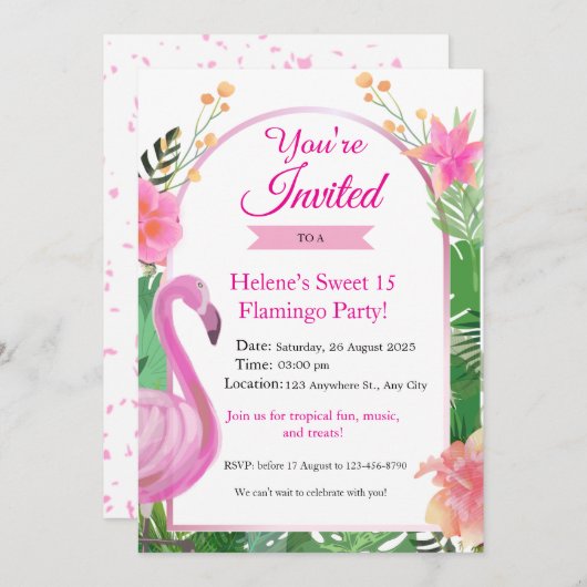 Flamant rose tropical rose Invitation de fête d'an (Devant / Derrière)