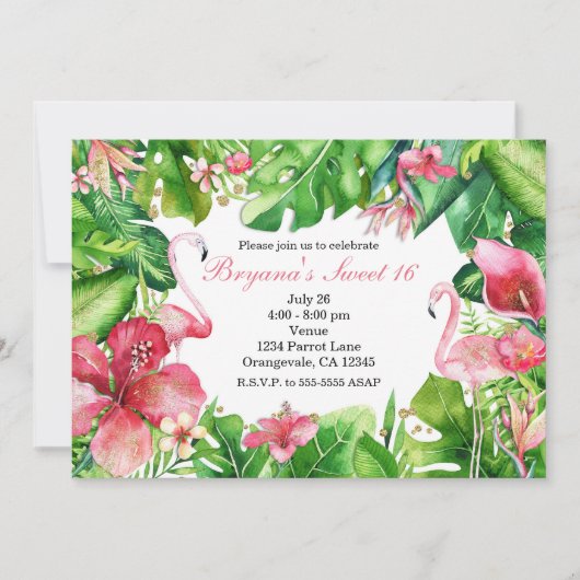 Flamant rose Tropiques Été Anniversaire Invitation (Devant)