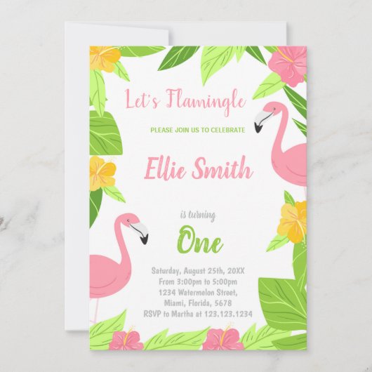 Flamant rose vert Invitations d'anniversaire (Devant)