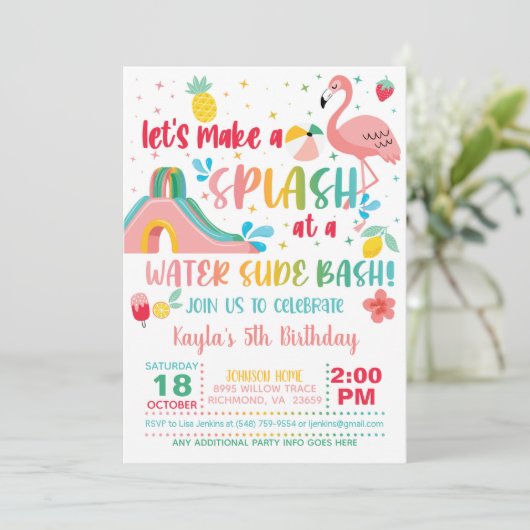 Flamant rose Water Slide Birthday Invitation (Debout devant)