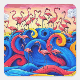 Flamants roses en mer, Autocollant 1,5x1,5 po, feu
