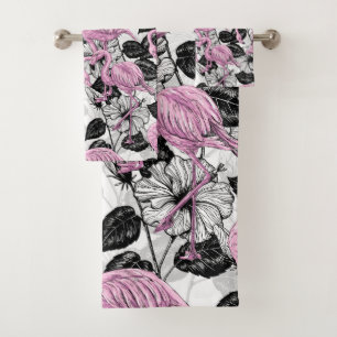 Flamants roses et fleurs d'hibiscus