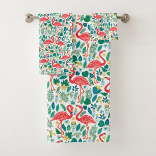 Flamants roses et motif de fleurs tropicales