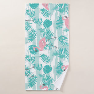 flamants roses, feuilles de palmiers verts, tropic