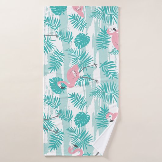 flamants roses, feuilles de palmiers verts, tropic (Serviette de bain)