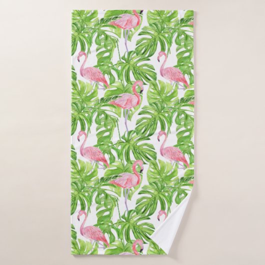 Flamants roses roses en feuillage tropical sur bla (Serviette de bain)
