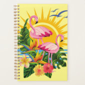 Flamants roses roses soleil et fleurs tropicales (Devant)