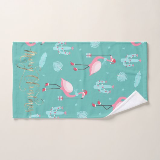 Flamants roses Santa Hat présente des flocons de n (Serviette à main)