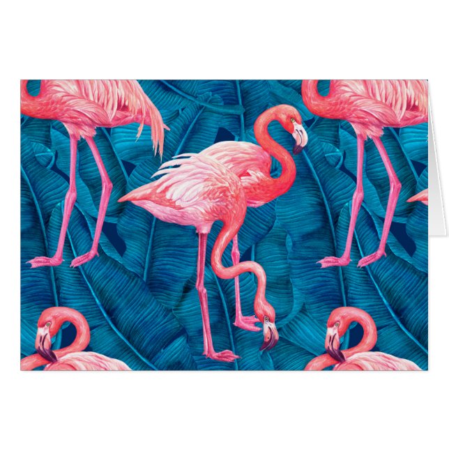 Flamants roses sur feuilles de bananes bleues (Devant horizontal)