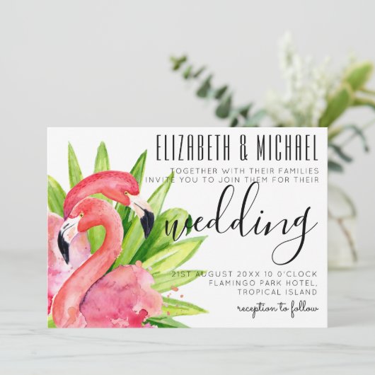 Flamants roses tropicaux Faire-part de mariage mod (Debout devant)