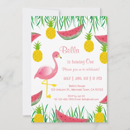 Flamants roses tropicaux Invitations d'anniversair (Devant)