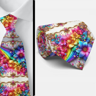 Flamboyante Stropdas   Regenboog Bloemen Nep Glitt