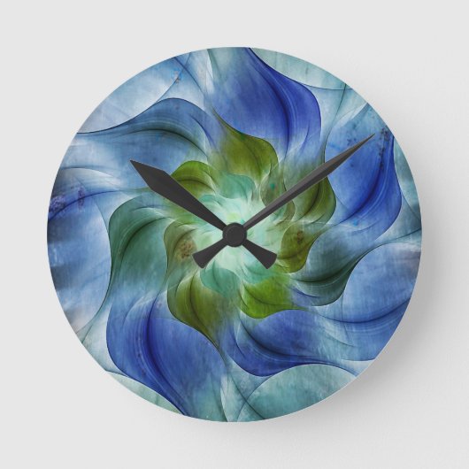 Flame bleue Vert Fractale Fleur Horloge ronde (Recto)