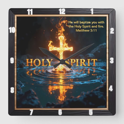 Flame Cross Water Reflection Spirit Matthew 3:11 Vierkante Klok (Voorkant)