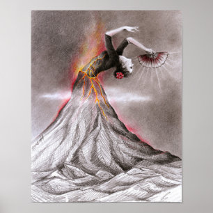 Flamenco danserende vulcano surrealistische potloo poster