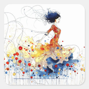 Flamenco-danseres in golvende, meerkleurige bewegi vierkante sticker