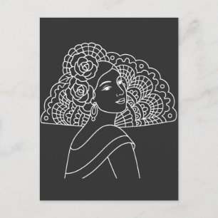 Flamenco Spaanse Dame Met Waaiers Inkt Kunst Teken Briefkaart