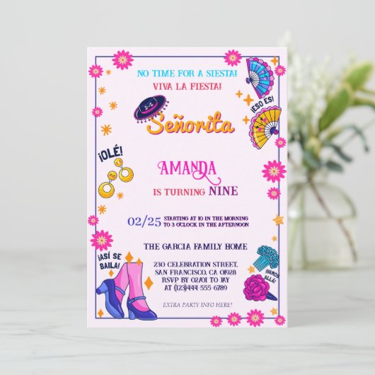 Flamenco Thema Verjaardagsfeest Uitnodiging (Staand voorkant)