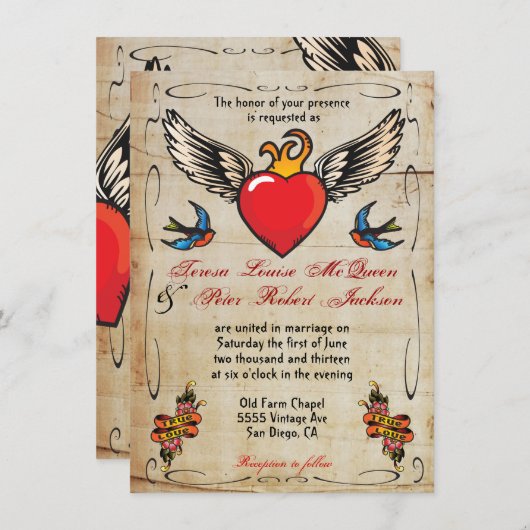 Flaming aile coeur tatouage mariage Invitations (Devant / Derrière)