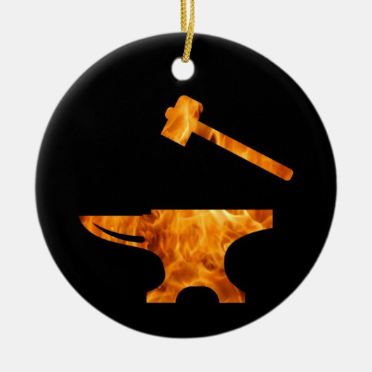 Flaming Anvil & Hammer Blacksmith Metalworking Keramisch Ornament (Voorkant)
